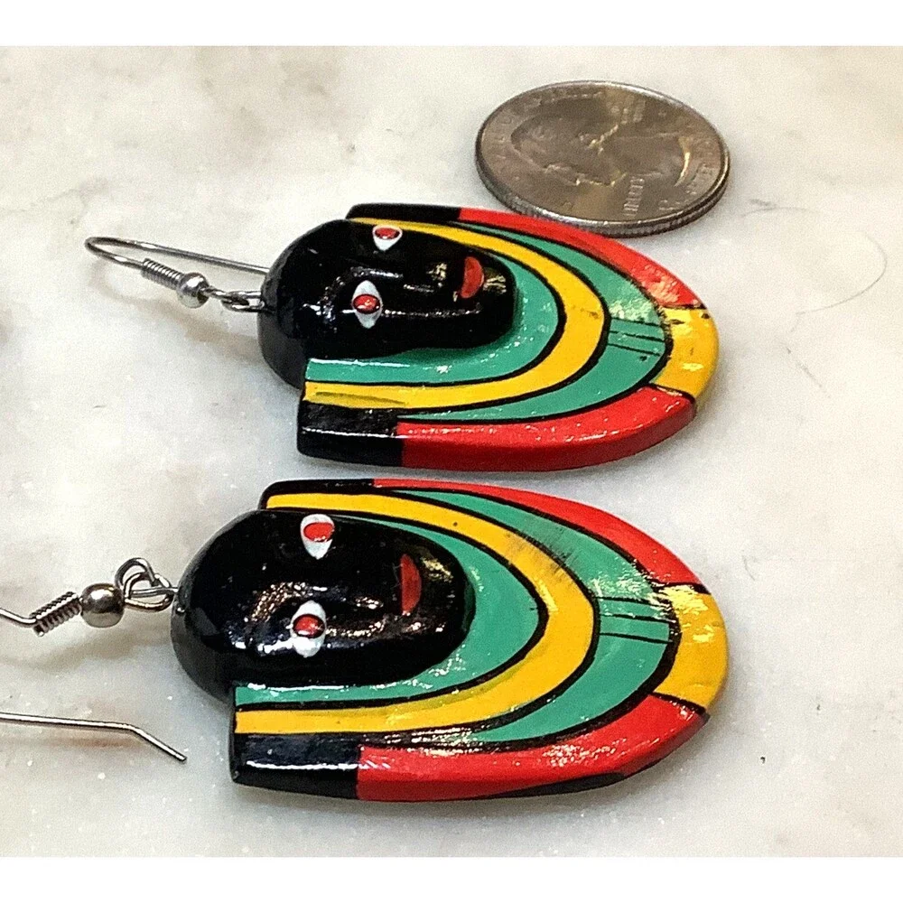 Face Mask Earrings Hand Painted Tribal Statement Dangle Bold Colorful